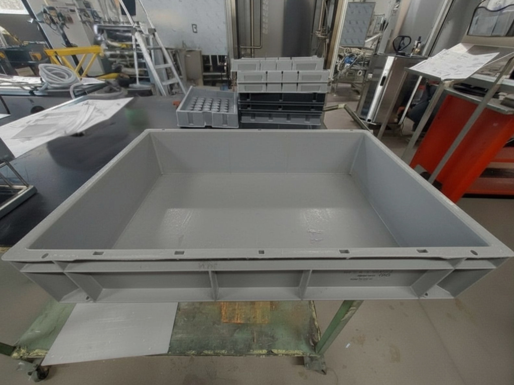 Industrielle Reinigung von Kunststoffkisten mit Waschanlage